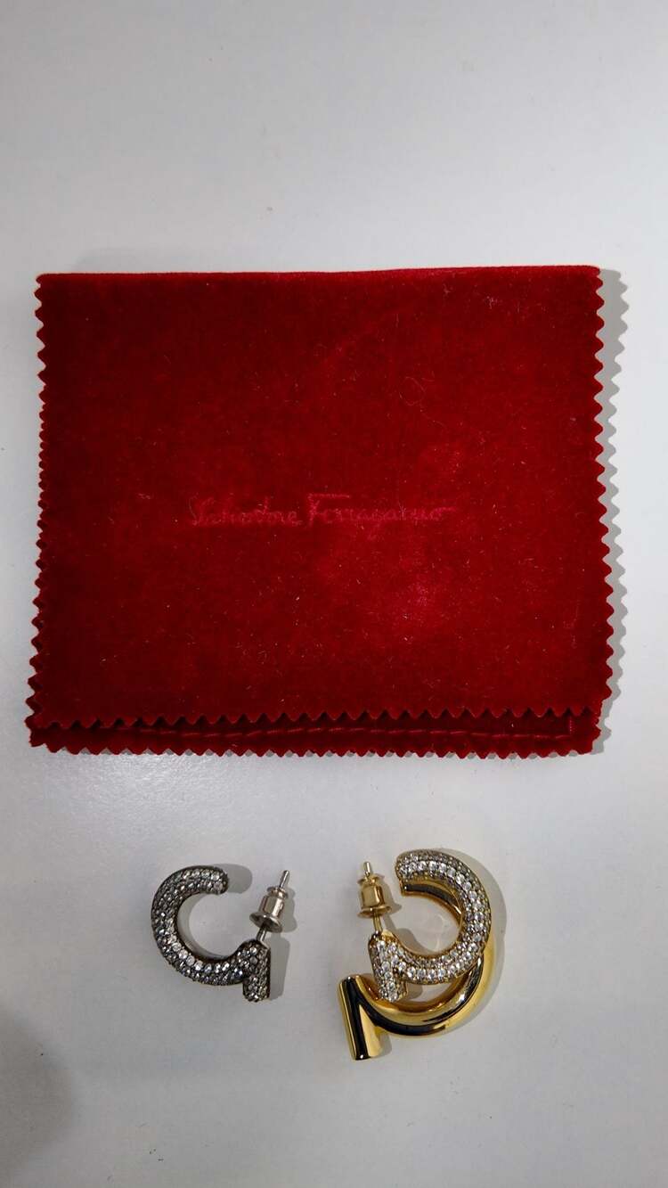 Salvatore Ferragamo Crystal Gancini Hoop Earrings – Mixed Metal Set (With Pouch)